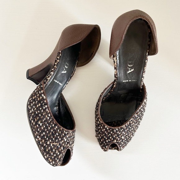 Prada Shoes - Prada Vintage Brown Tweed Peep Toe Heels Sculpted Heel Size EU 37.5
